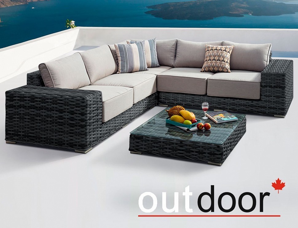 Комплект мебели из ротанга OUTDOOR Санторини (угловой диван, стол), широкое плетение, графит Комплект мебели из ротанга OUTDOOR Санторини (угловой диван, стол), широкое плетение, графит
