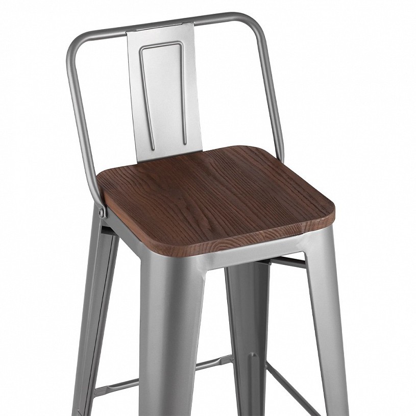 Стул барный TOLIX со спинкой серебристый матовый + темное дерево Стул барный TOLIX со спинкой серебристый матовый + темное дерево