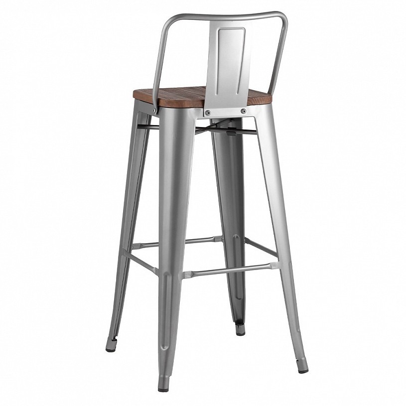 Стул барный TOLIX со спинкой серебристый матовый + темное дерево Стул барный TOLIX со спинкой серебристый матовый + темное дерево