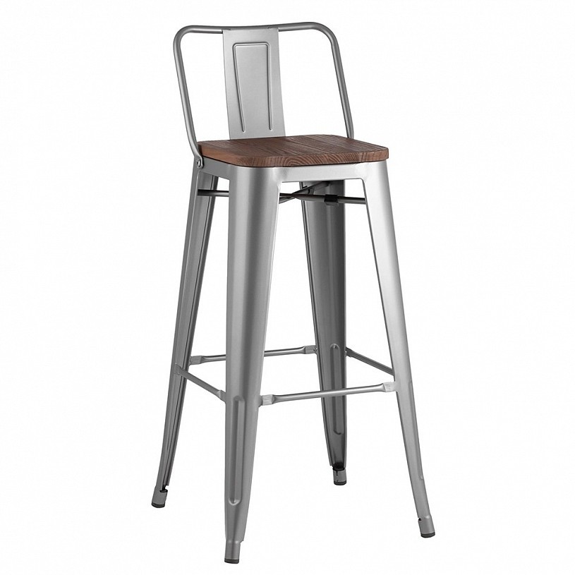 Стул барный TOLIX со спинкой серебристый матовый + темное дерево Стул барный TOLIX со спинкой серебристый матовый + темное дерево